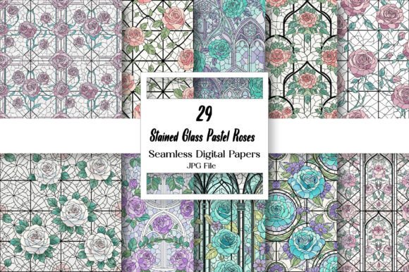 Download Stained Glass Pastel Roses Digital Paper - Roses Collection