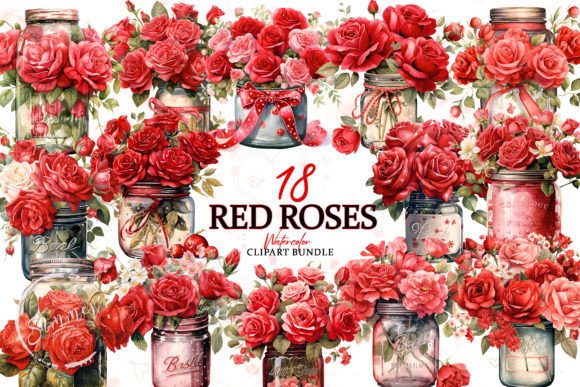 Download Watercolor Red Roses Jar Clipart Bundle - Roses Collection